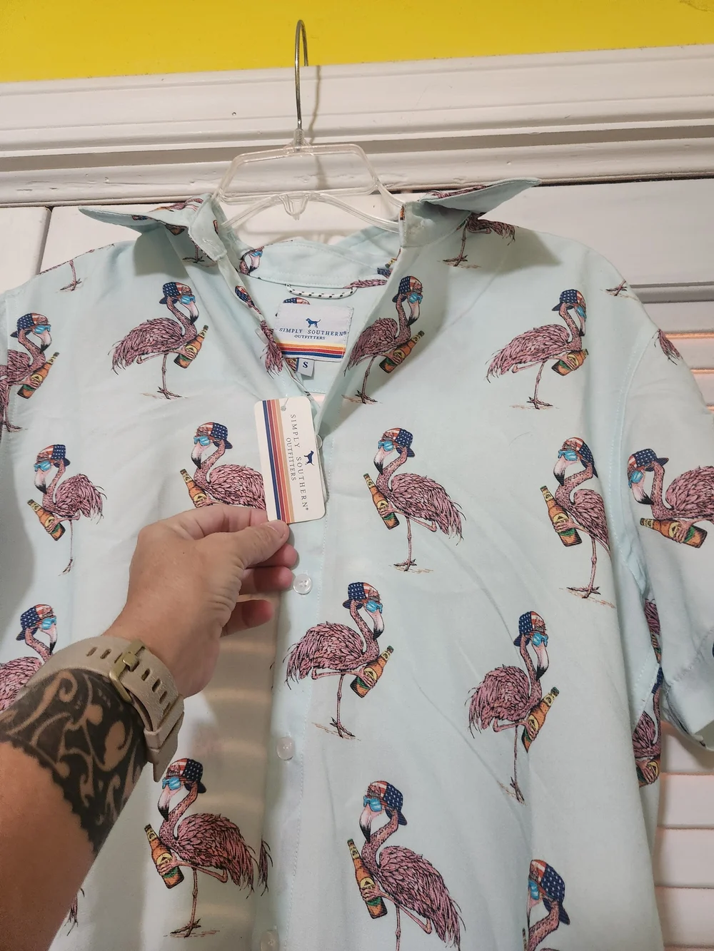 Simply Southern Mint Short Sleeve Flamingo Print Button-Up Shirt